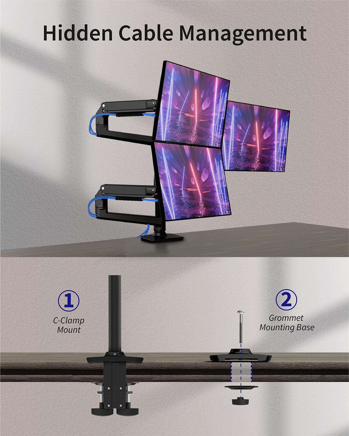 Ergounion Triple Monitor Mount, Holds Screens up to 40 Inches and 25 lbs, Fully Adjustable 3 Monitor Desk Mount with C-Clamp and Grommet Base, Aluminum, Black