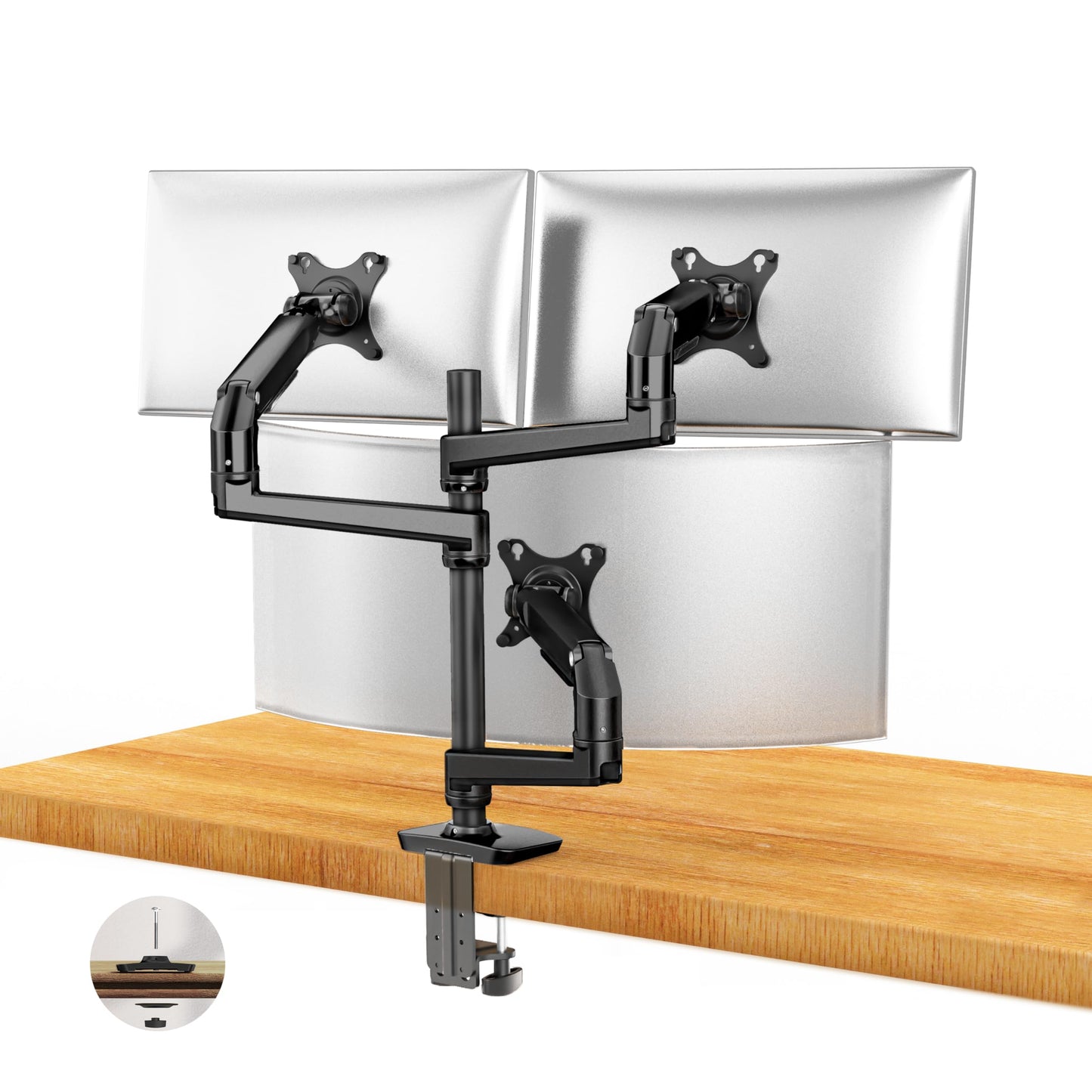 Ergounion Triple Monitor Mount, Holds Screens up to 40 Inches and 25 lbs, Fully Adjustable 3 Monitor Desk Mount with C-Clamp and Grommet Base, Aluminum, Black