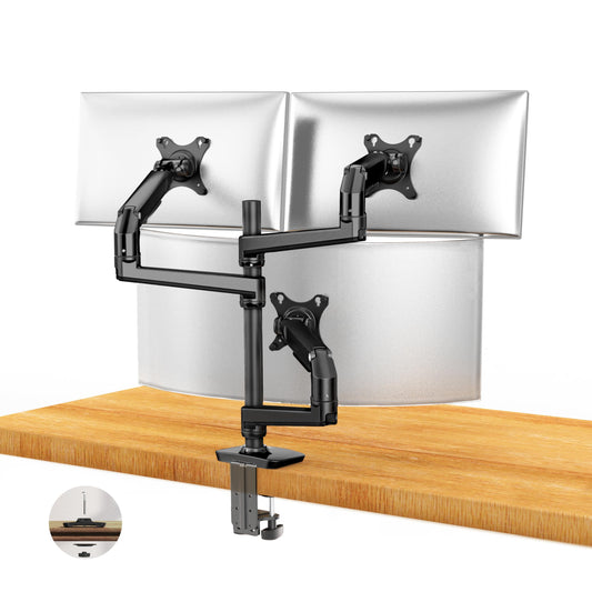 Ergounion Triple Monitor Mount, Holds Screens up to 40 Inches and 25 lbs, Fully Adjustable 3 Monitor Desk Mount with C-Clamp and Grommet Base, Aluminum, Black