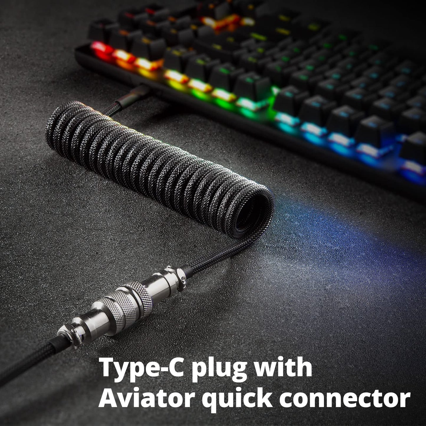 GUNMJO Pro Custom Coiled USB C Cable for Gaming Keyboard, Double-Sleeved Mechanical Keyboard Cable with Detachable Metal Aviator, 1.5M USB-C to USB-A, Carbon Black Color