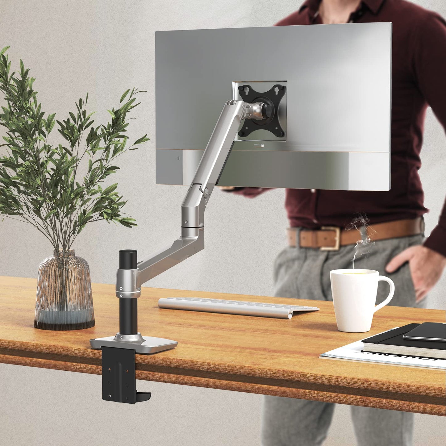Ergounion Single Monitor Arm Desk Mount, Holds Screens up to 40 Inches and 25 lbs, Fully Adjustable Vesa Monitor Mount with C-Clamp and Grommet Base, Aluminum, Silver