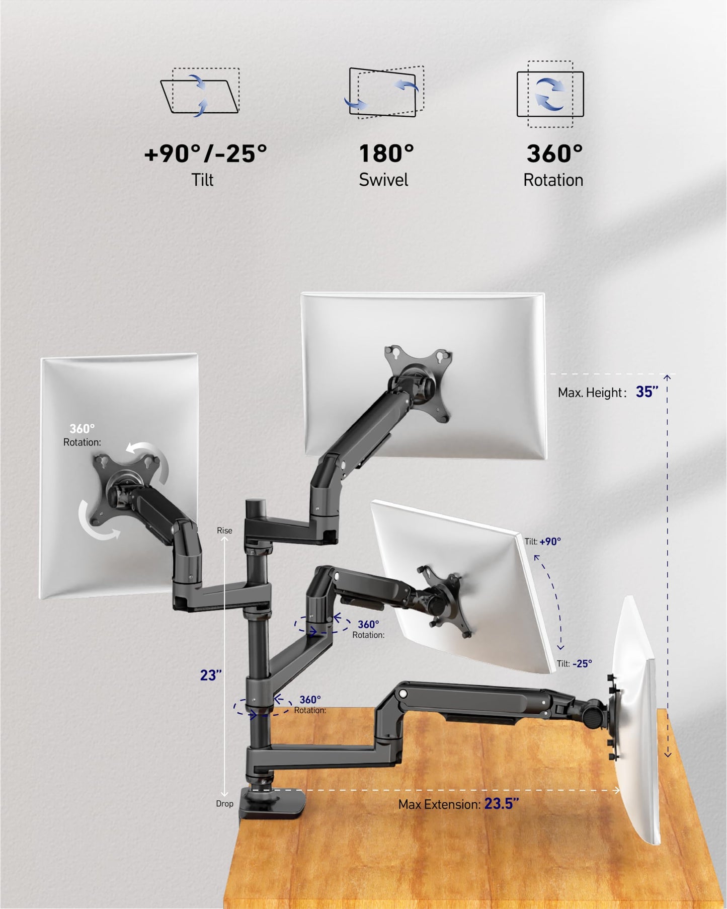 Ergounion Quad Monitor Mount, Holds Screens up to 40 Inches and 25 lbs, Fully Adjustable 4 Monitor Mount with C-Clamp and Grommet Base, Aluminum, Black