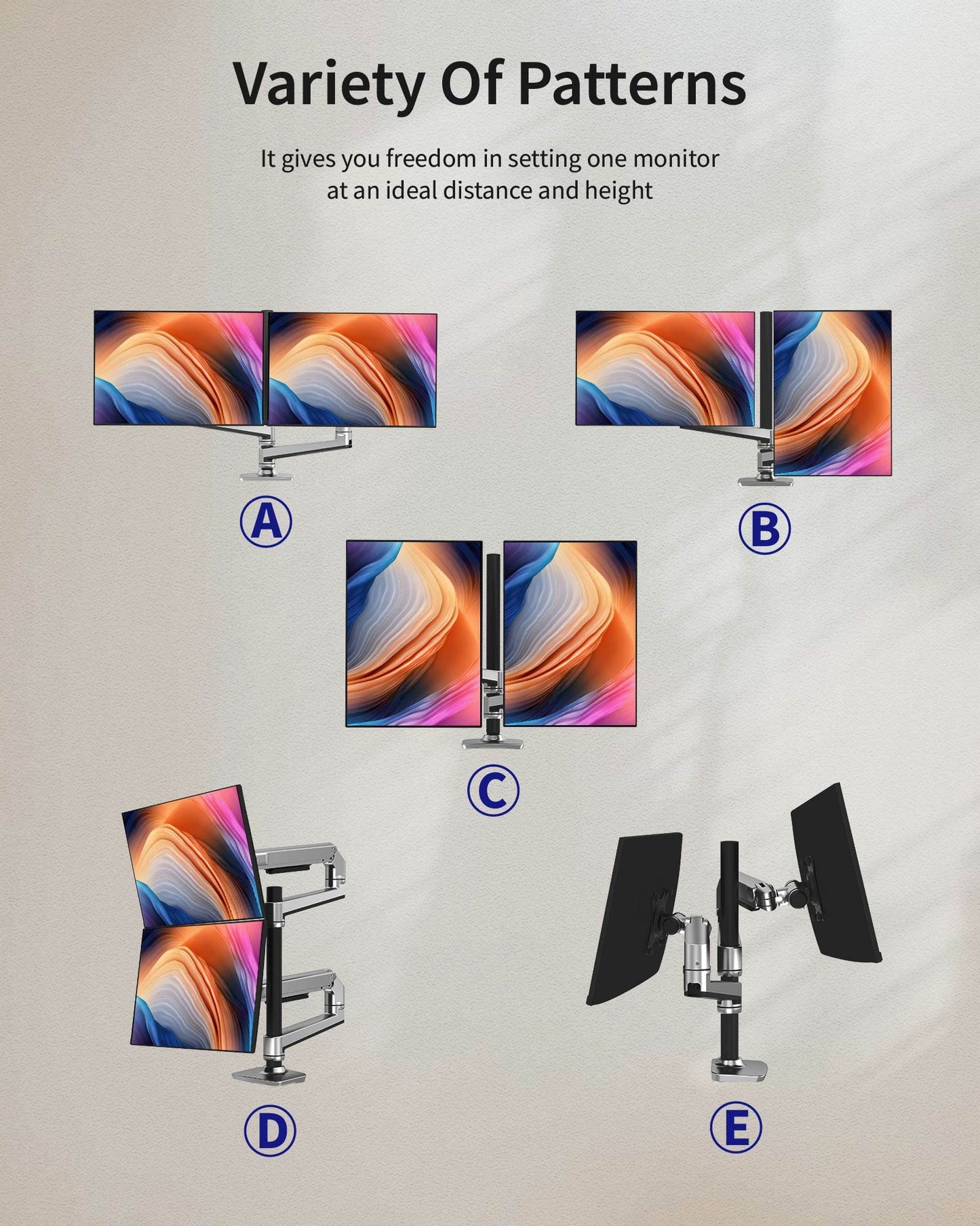 Ergounion Dual Monitor Mount, Holds Screens up to 40 Inches and 25 lbs, Fully Adjustable Dual Monitor Arm with C-Clamp and Grommet Base, Aluminum, Silver