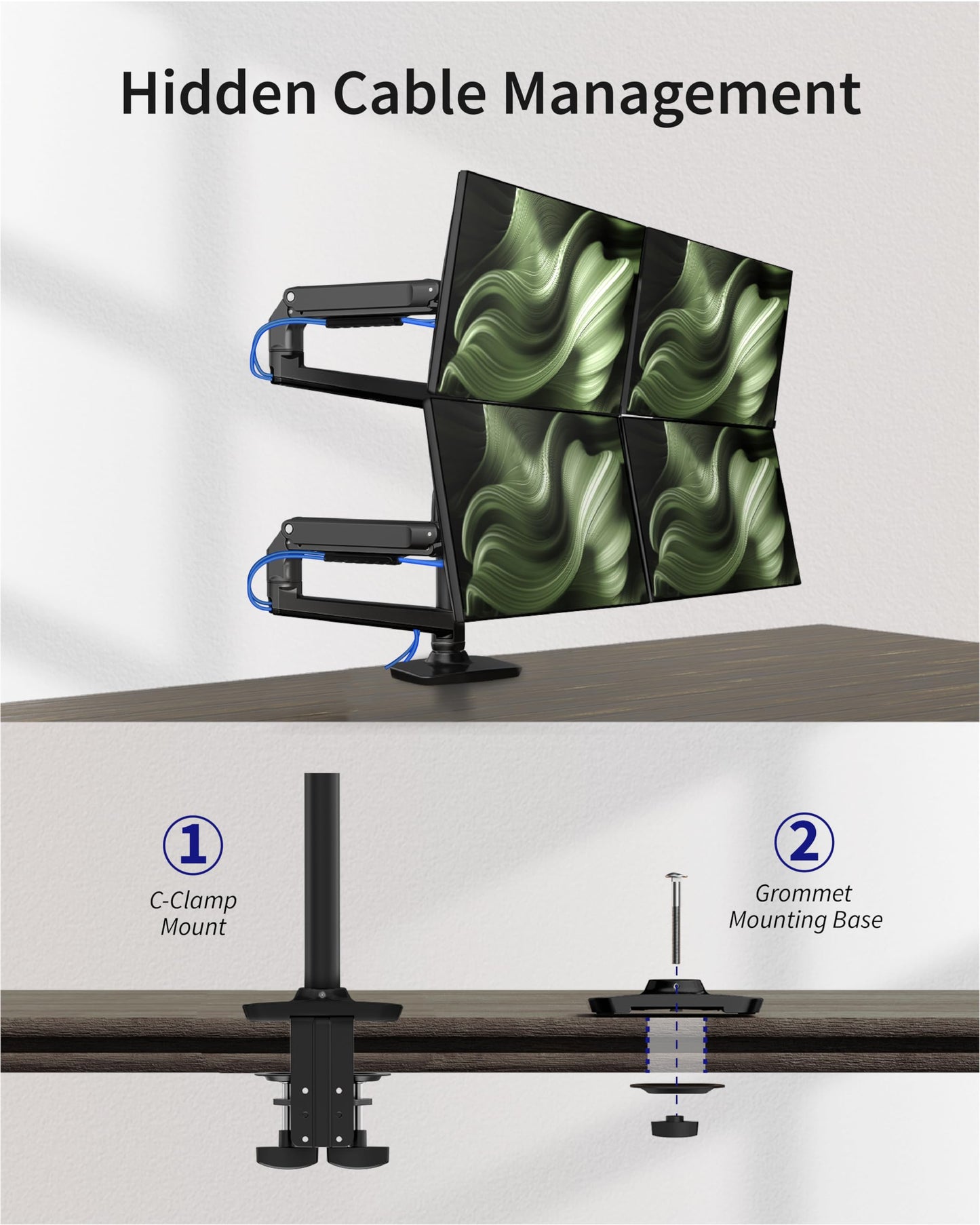 Ergounion Quad Monitor Mount, Holds Screens up to 40 Inches and 25 lbs, Fully Adjustable 4 Monitor Mount with C-Clamp and Grommet Base, Aluminum, Black