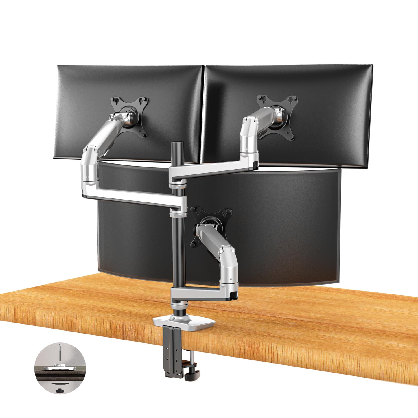 Ergounion Triple Monitor Mount, Holds Screens up to 40 Inches and 25 lbs, Fully Adjustable 3 Monitor Desk Mount with C-Clamp and Grommet Base, Aluminum, Silver