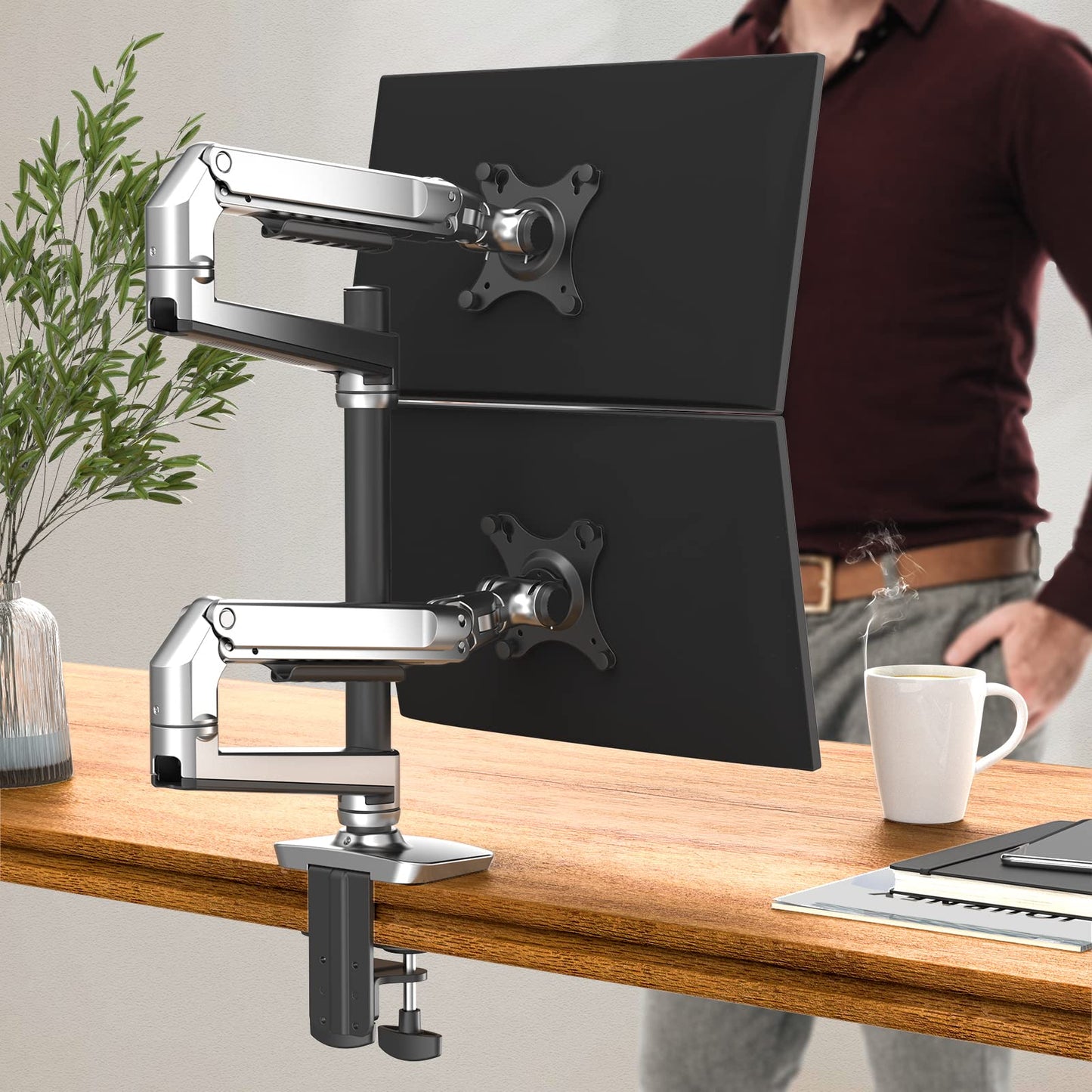 Ergounion Dual Monitor Mount, Holds Screens up to 40 Inches and 25 lbs, Fully Adjustable Dual Monitor Arm with C-Clamp and Grommet Base, Aluminum, Silver