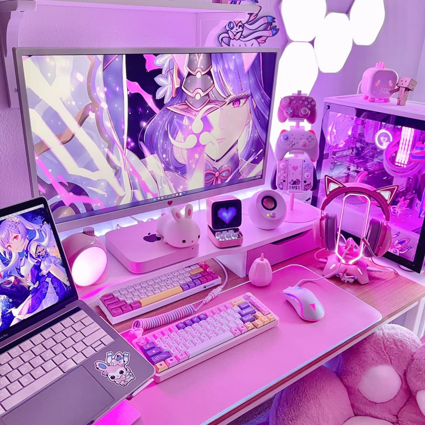 Tilted Nation Gaming Headphone Stand | Pink Headset Stand | RGB Headset Holder for Desk with Mouse Bungee and USB Hub | Cute Headphone Stand for Gamer Girl Accessories