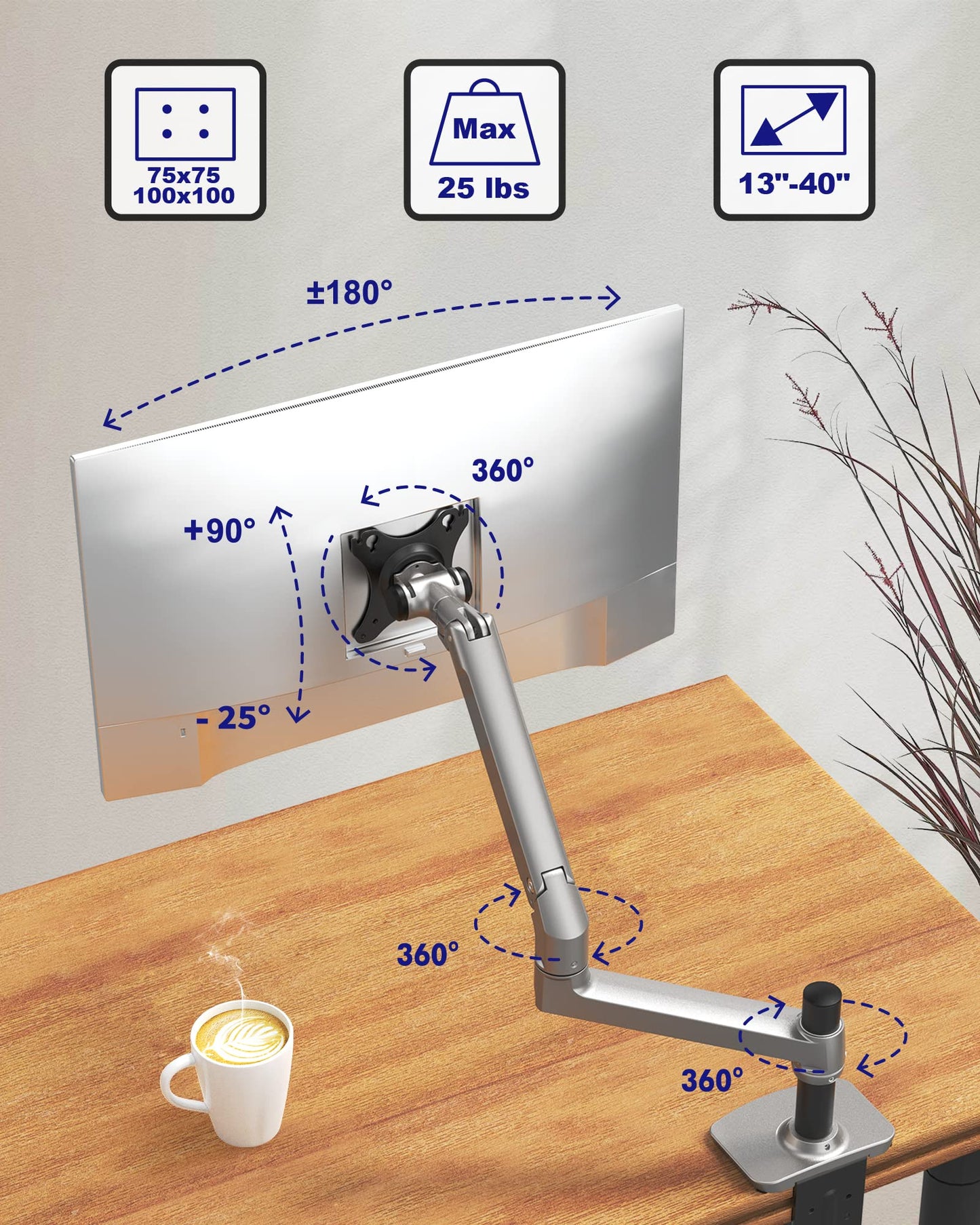 Ergounion Single Monitor Arm Desk Mount, Holds Screens up to 40 Inches and 25 lbs, Fully Adjustable Vesa Monitor Mount with C-Clamp and Grommet Base, Aluminum, Silver