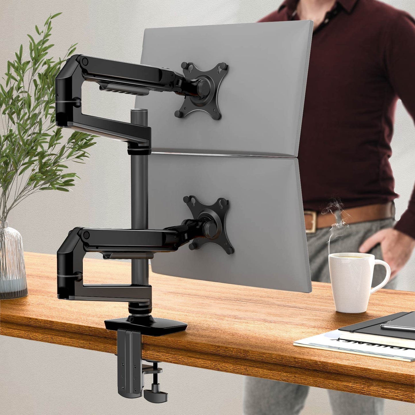 Ergounion Dual Monitor Mount, Holds Screens up to 40 Inches and 25 lbs, Fully Adjustable Dual Monitor Arm with C-Clamp and Grommet Base, Aluminum, Black