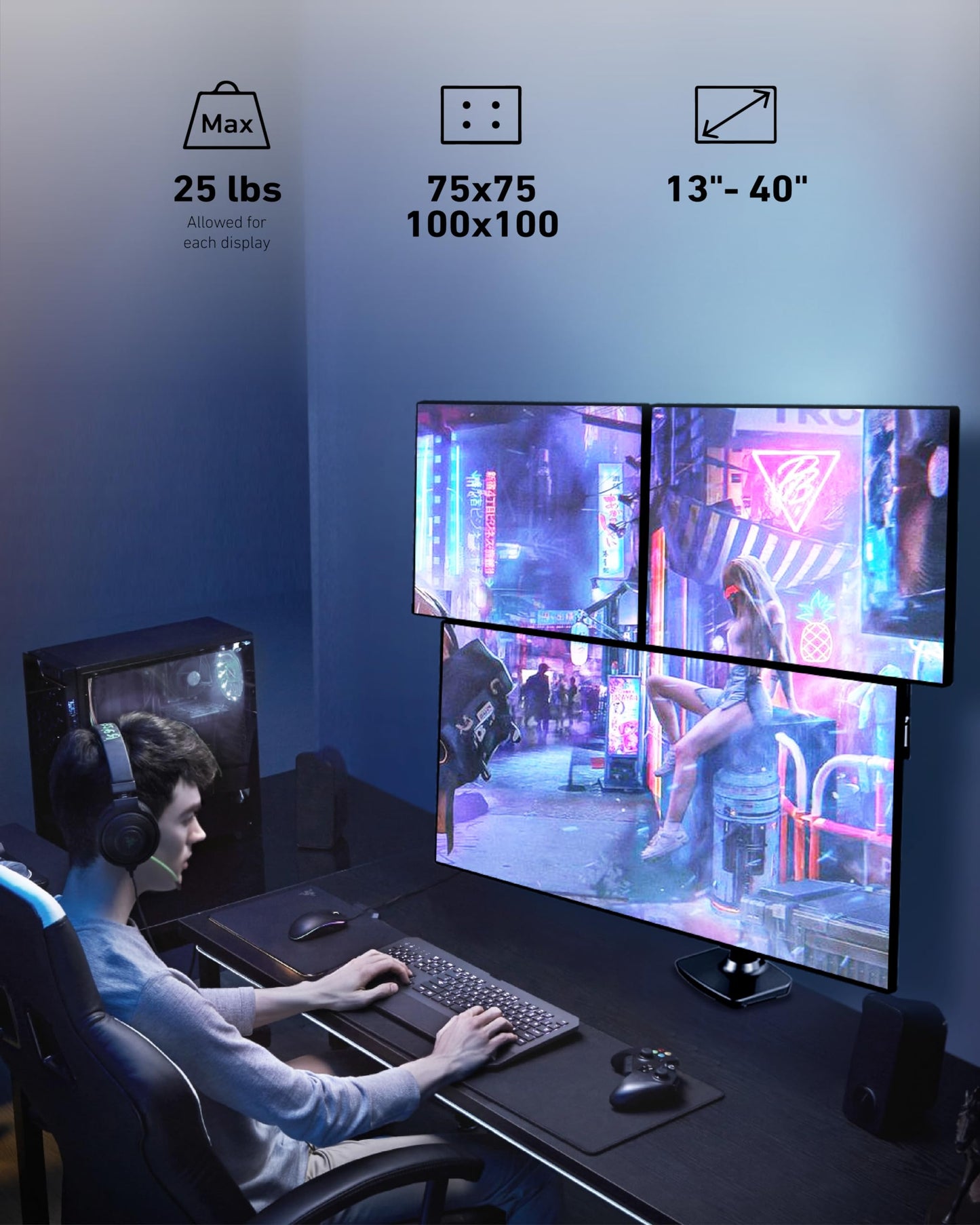Ergounion Triple Monitor Mount, Holds Screens up to 40 Inches and 25 lbs, Fully Adjustable 3 Monitor Desk Mount with C-Clamp and Grommet Base, Aluminum, Black