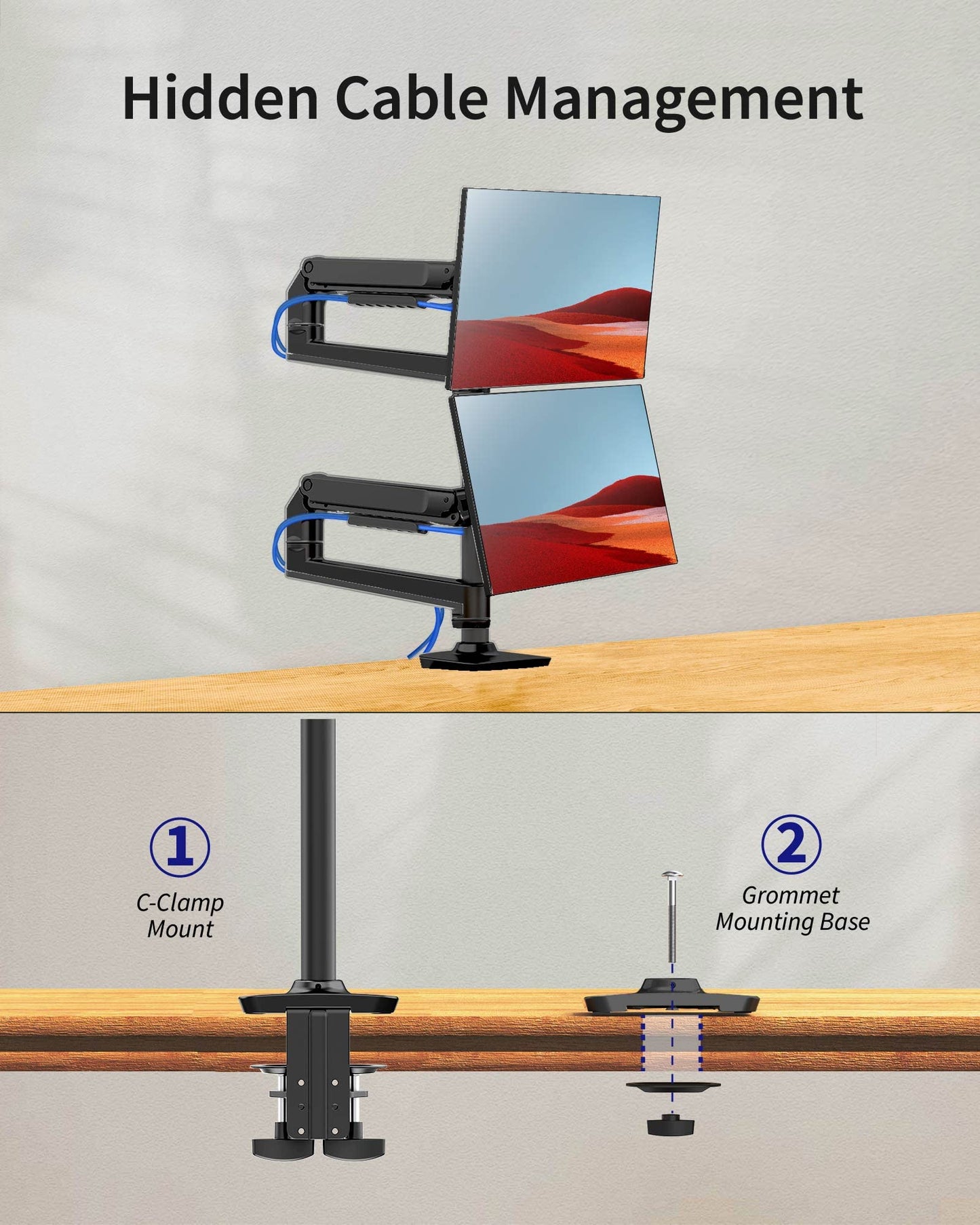 Ergounion Dual Monitor Mount, Holds Screens up to 40 Inches and 25 lbs, Fully Adjustable Dual Monitor Arm with C-Clamp and Grommet Base, Aluminum, Black