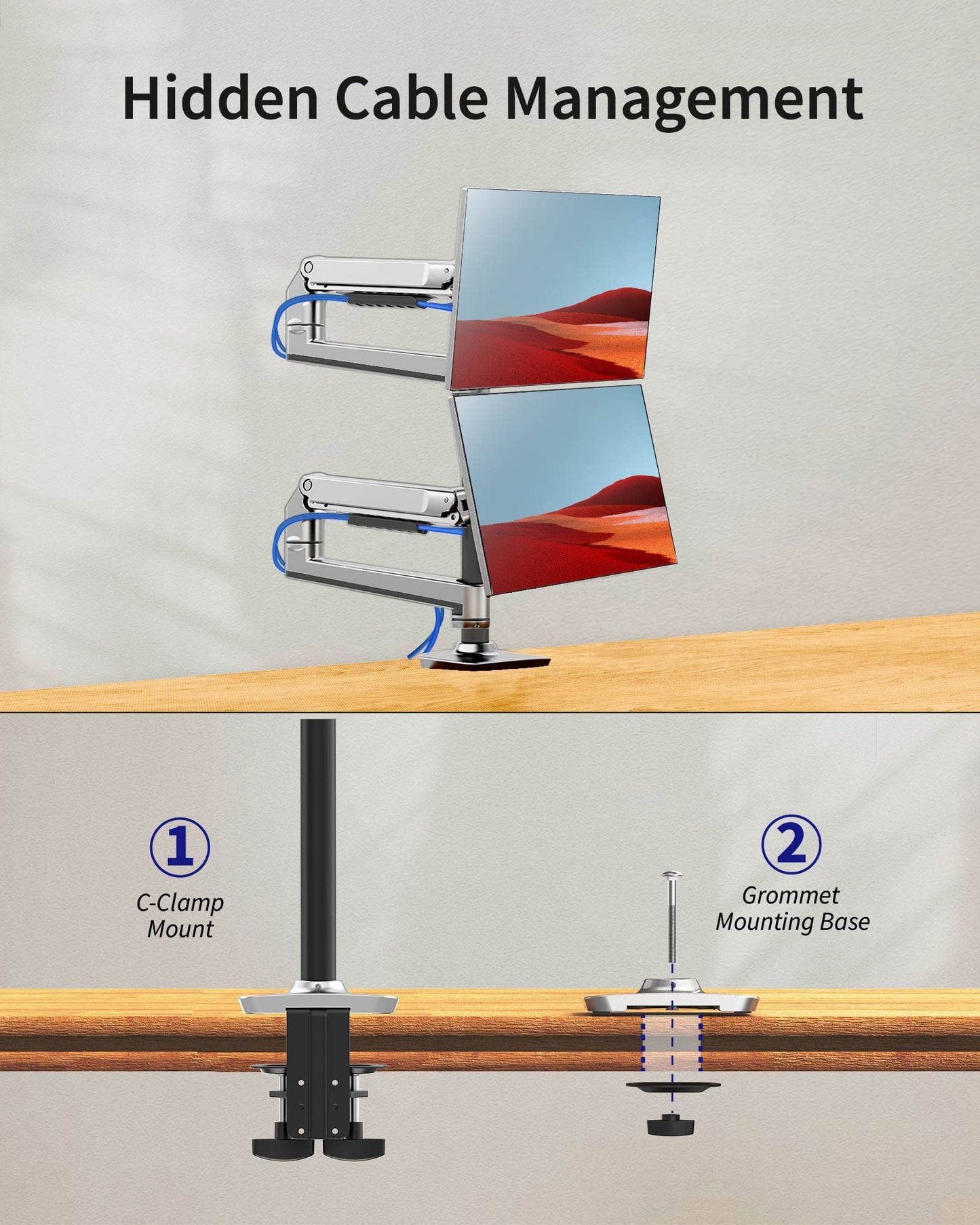 Ergounion Dual Monitor Mount, Holds Screens up to 40 Inches and 25 lbs, Fully Adjustable Dual Monitor Arm with C-Clamp and Grommet Base, Aluminum, Silver