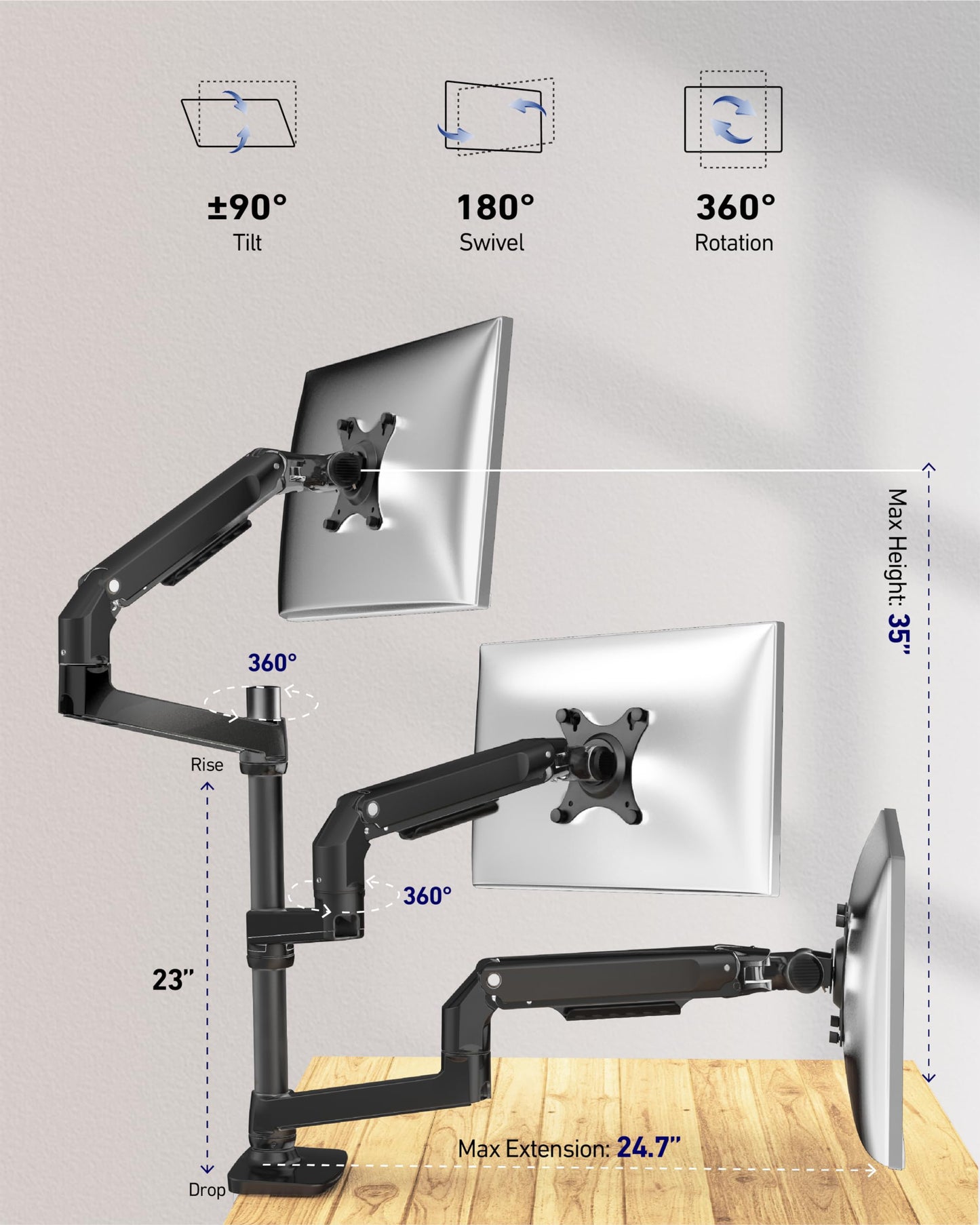 Ergounion Triple Monitor Mount, Holds Screens up to 40 Inches and 25 lbs, Fully Adjustable 3 Monitor Desk Mount with C-Clamp and Grommet Base, Aluminum, Black