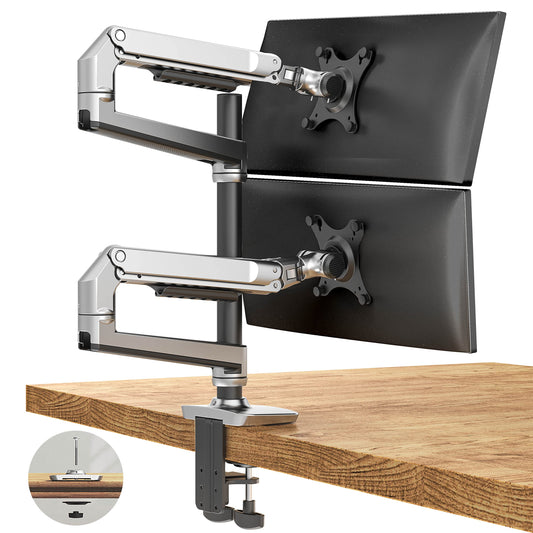 Ergounion Dual Monitor Mount, Holds Screens up to 40 Inches and 25 lbs, Fully Adjustable Dual Monitor Arm with C-Clamp and Grommet Base, Aluminum, Silver