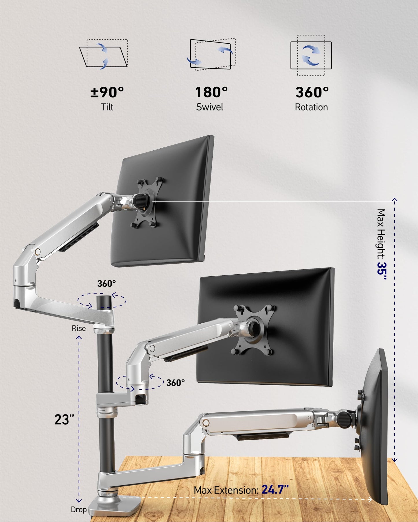 Ergounion Triple Monitor Mount, Holds Screens up to 40 Inches and 25 lbs, Fully Adjustable 3 Monitor Desk Mount with C-Clamp and Grommet Base, Aluminum, Silver