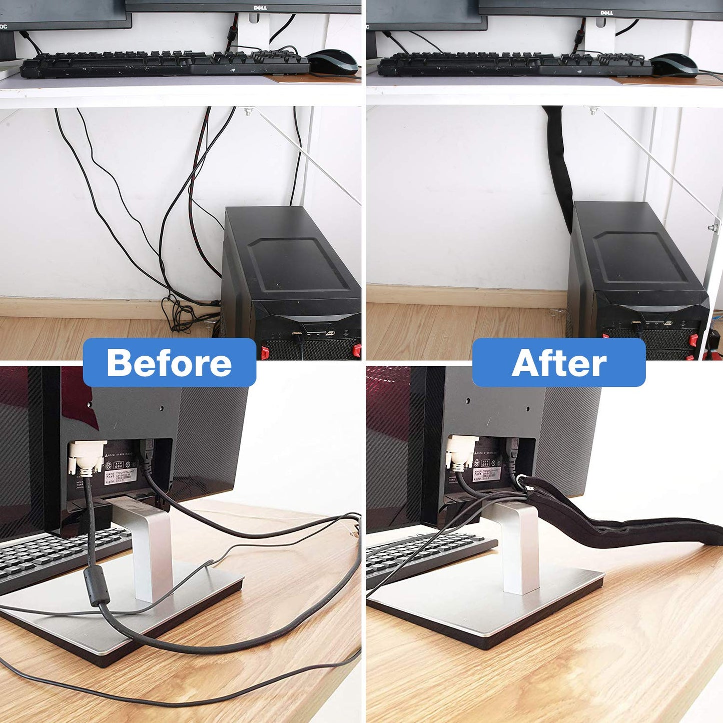 [8 Pack] JOTO Cable Management Sleeve, 19-20 Inch Cord Organizer System with Zipper for TV Computer Office Home Entertainment, Flexible Cable Sleeve Wrap Cover Wire Hider System -Black