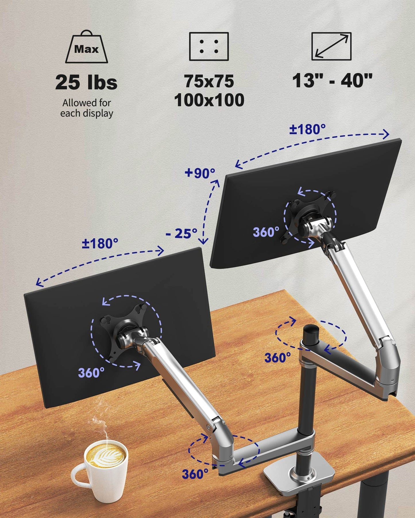 Ergounion Dual Monitor Mount, Holds Screens up to 40 Inches and 25 lbs, Fully Adjustable Dual Monitor Arm with C-Clamp and Grommet Base, Aluminum, Silver