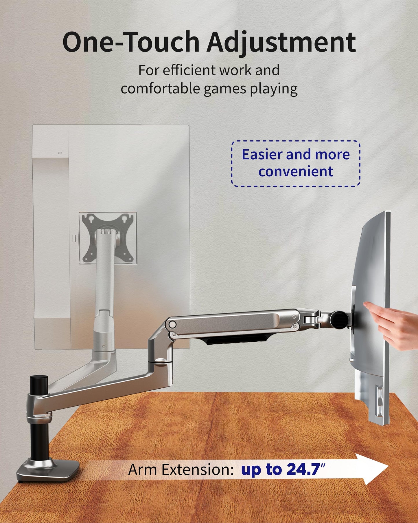 Ergounion Single Monitor Arm Desk Mount, Holds Screens up to 40 Inches and 25 lbs, Fully Adjustable Vesa Monitor Mount with C-Clamp and Grommet Base, Aluminum, Silver