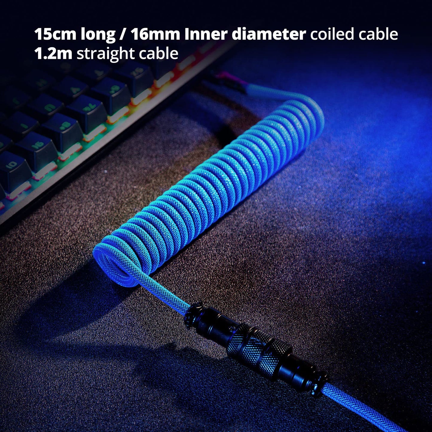 GUNMJO Pro Custom Coiled USB C Cable for Gaming Keyboard, Double-Sleeved Mechanical Keyboard Cable with Detachable Metal Aviator, 1.5M USB-C to USB-A, Blue Color